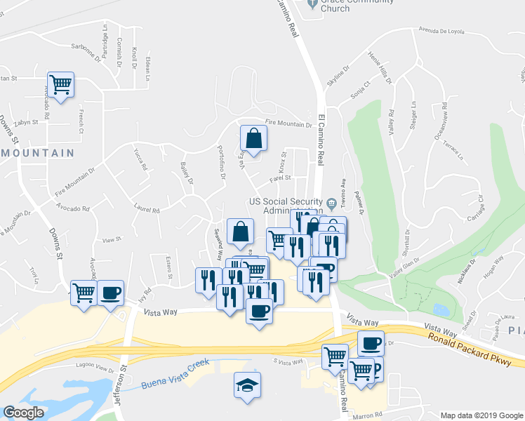 map of restaurants, bars, coffee shops, grocery stores, and more near 2136 Via Esmarca in Oceanside