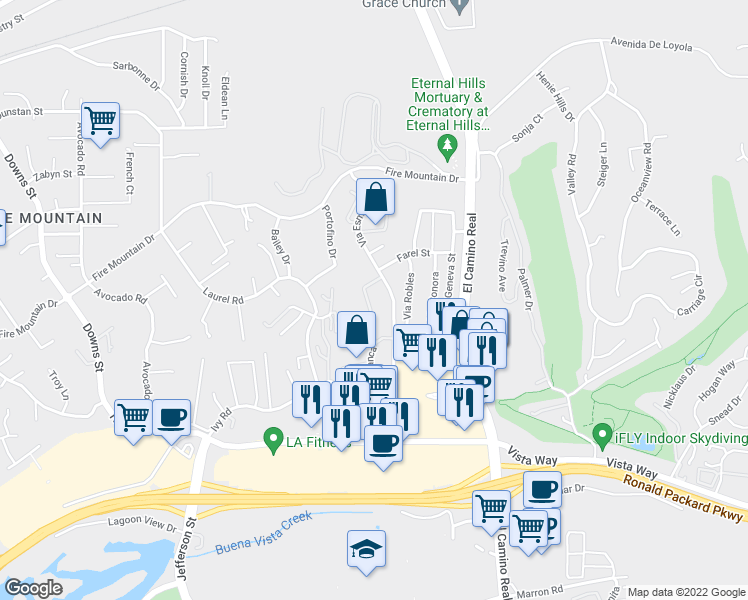 map of restaurants, bars, coffee shops, grocery stores, and more near 2136 Via Esmarca in Oceanside