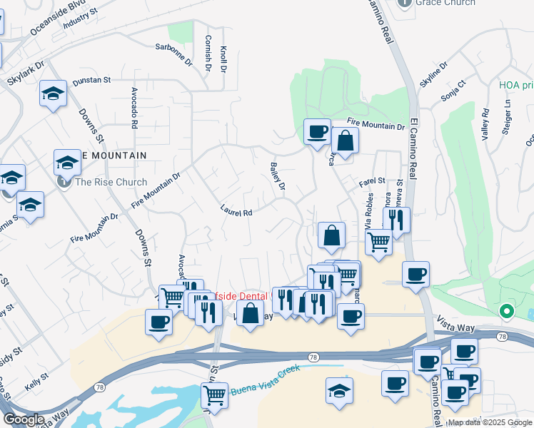 map of restaurants, bars, coffee shops, grocery stores, and more near 1874 Laurel Road in Oceanside