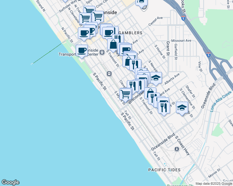 map of restaurants, bars, coffee shops, grocery stores, and more near 511 South Cleveland Street in Oceanside