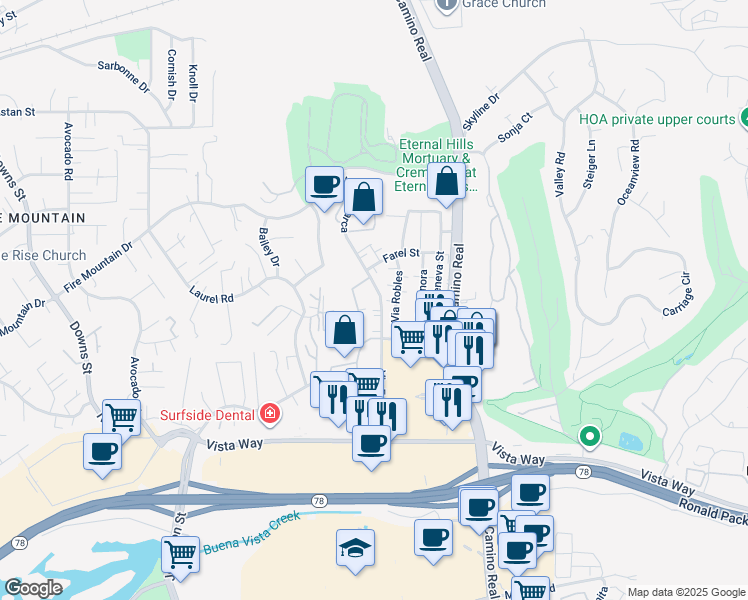 map of restaurants, bars, coffee shops, grocery stores, and more near 2147 Via Esmarca in Oceanside