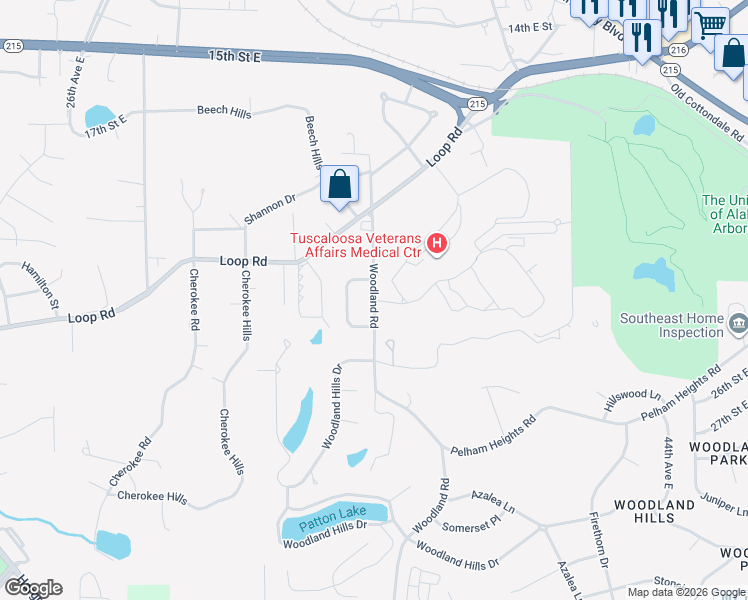 map of restaurants, bars, coffee shops, grocery stores, and more near 2289 Woodland Road in Tuscaloosa