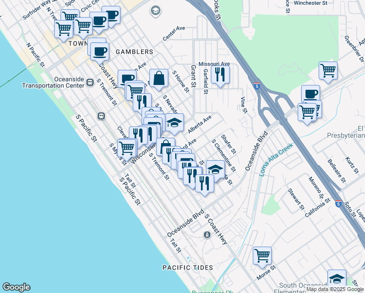 map of restaurants, bars, coffee shops, grocery stores, and more near 702 Leonard Avenue in Oceanside