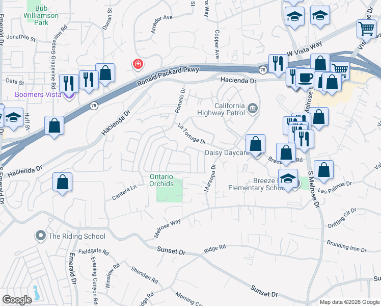 map of restaurants, bars, coffee shops, grocery stores, and more near 629 Via Santiago in Vista