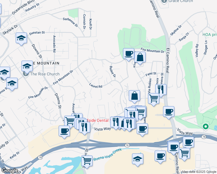 map of restaurants, bars, coffee shops, grocery stores, and more near 1874 Laurel Road in Oceanside