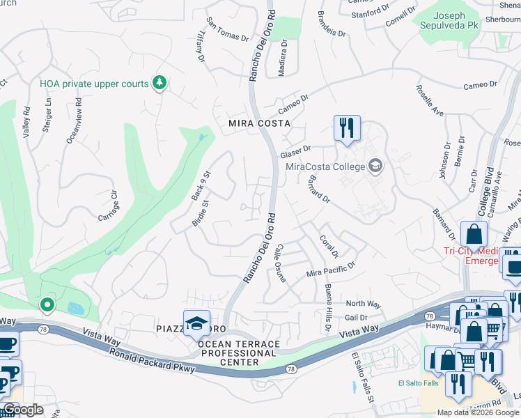 map of restaurants, bars, coffee shops, grocery stores, and more near 3315 Genoa Way in Oceanside