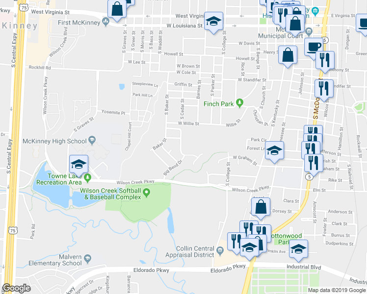 map of restaurants, bars, coffee shops, grocery stores, and more near 1108 Hyde Park Drive in McKinney