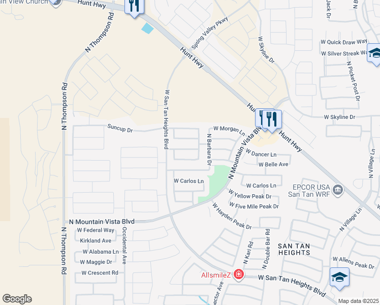 map of restaurants, bars, coffee shops, grocery stores, and more near 3755 West Dancer Lane in Queen Creek