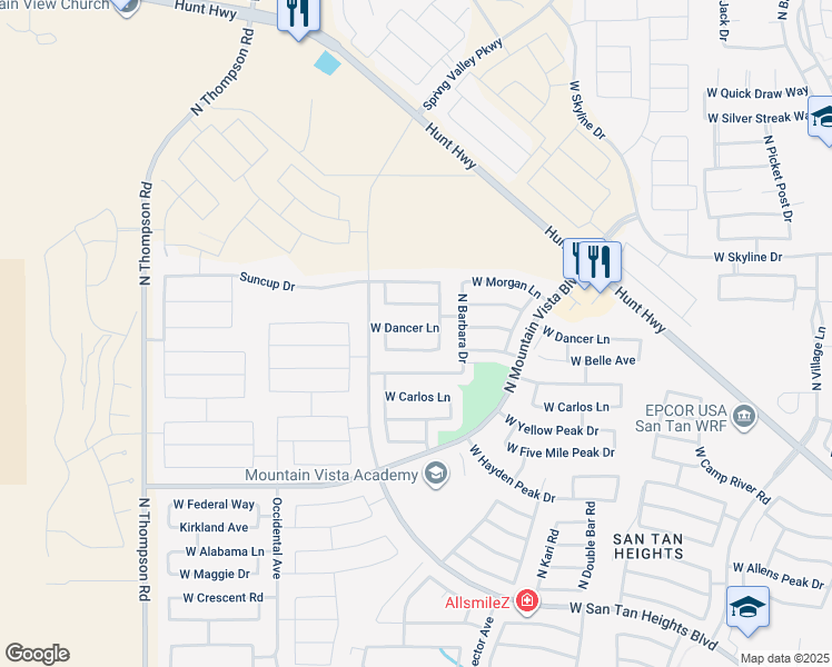 map of restaurants, bars, coffee shops, grocery stores, and more near 3769 West Dancer Lane in Queen Creek