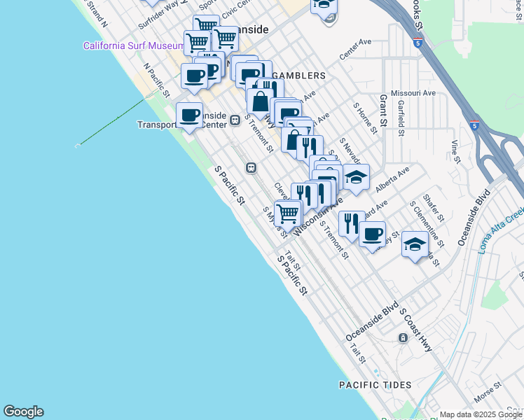 map of restaurants, bars, coffee shops, grocery stores, and more near 523 South Myers Street in Oceanside