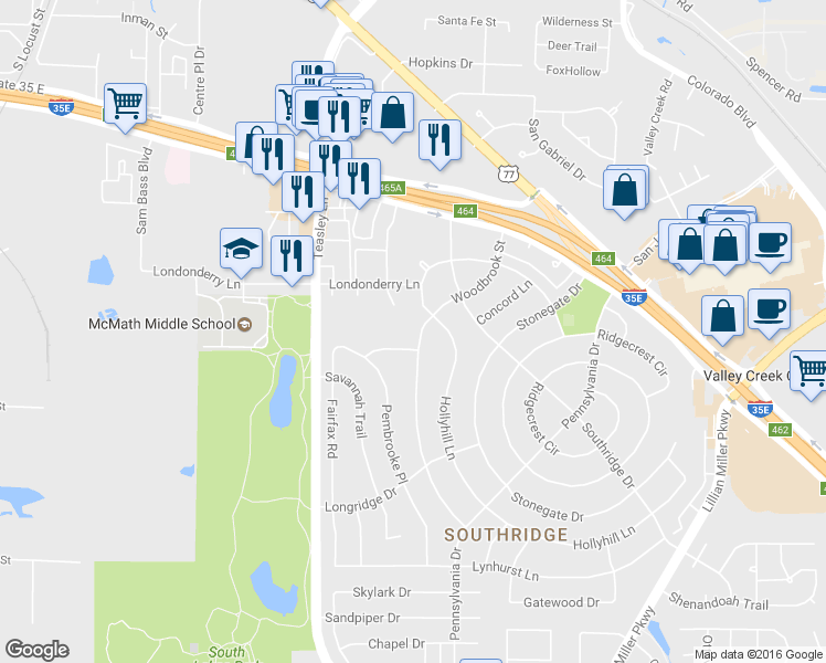map of restaurants, bars, coffee shops, grocery stores, and more near 2004 Woodbrook Street in Denton