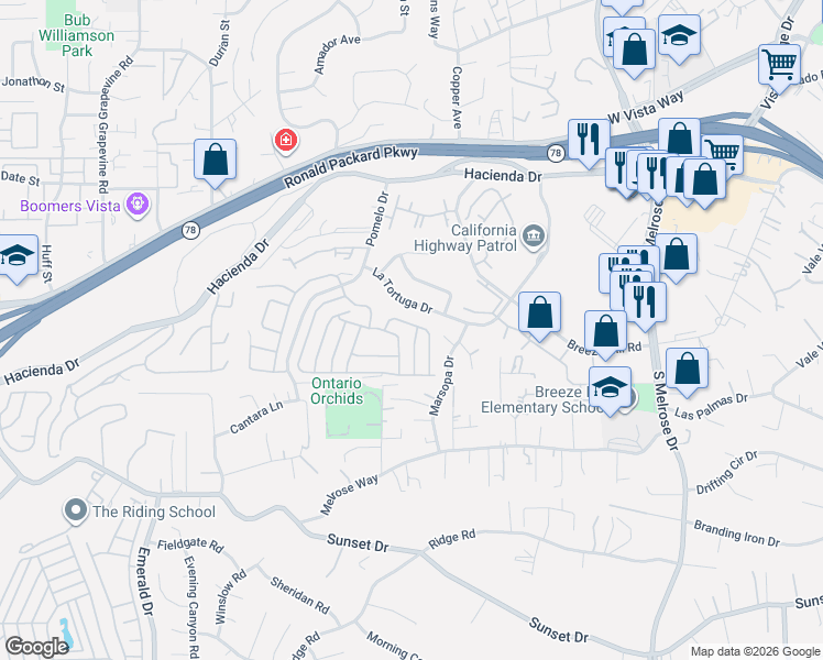 map of restaurants, bars, coffee shops, grocery stores, and more near 1126 La Tortuga Drive in Vista