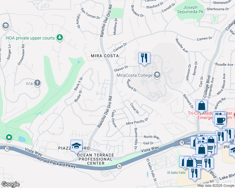 map of restaurants, bars, coffee shops, grocery stores, and more near 3096 Buena Hills Drive in Oceanside