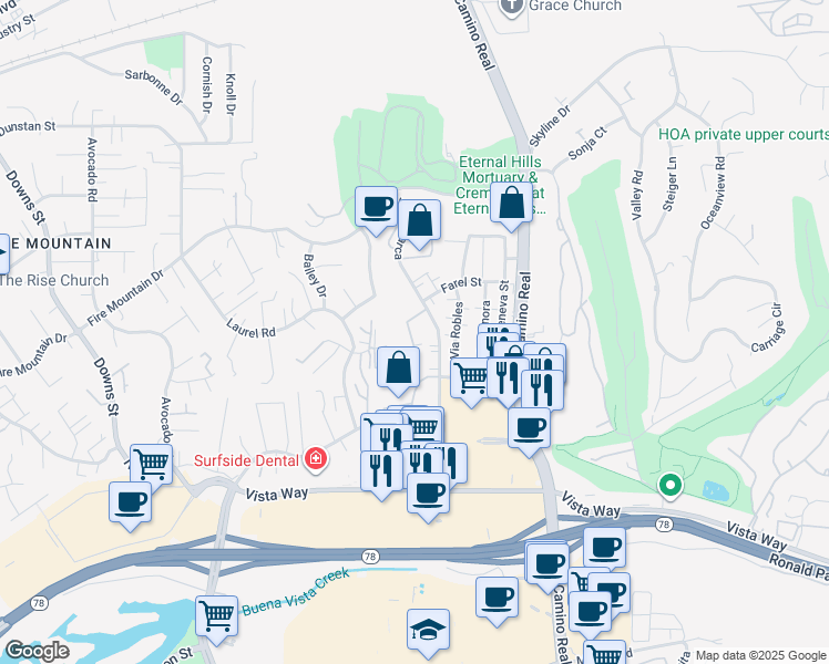 map of restaurants, bars, coffee shops, grocery stores, and more near 2132 Via Camino Verde in Oceanside