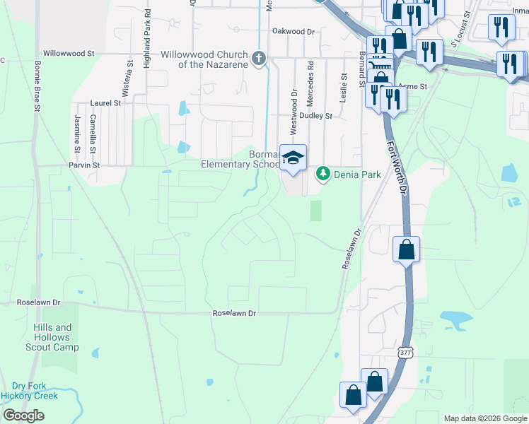 map of restaurants, bars, coffee shops, grocery stores, and more near 1201 Parvin Street in Denton