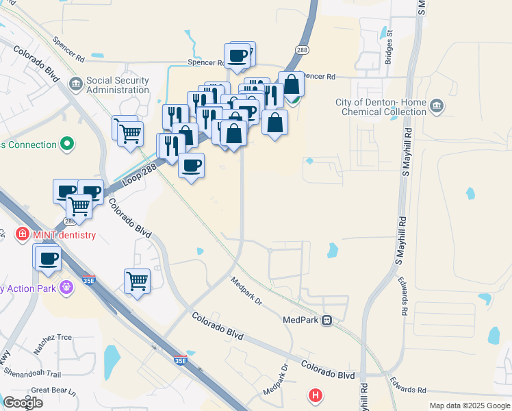 map of restaurants, bars, coffee shops, grocery stores, and more near 1919 Brinker Road in Denton