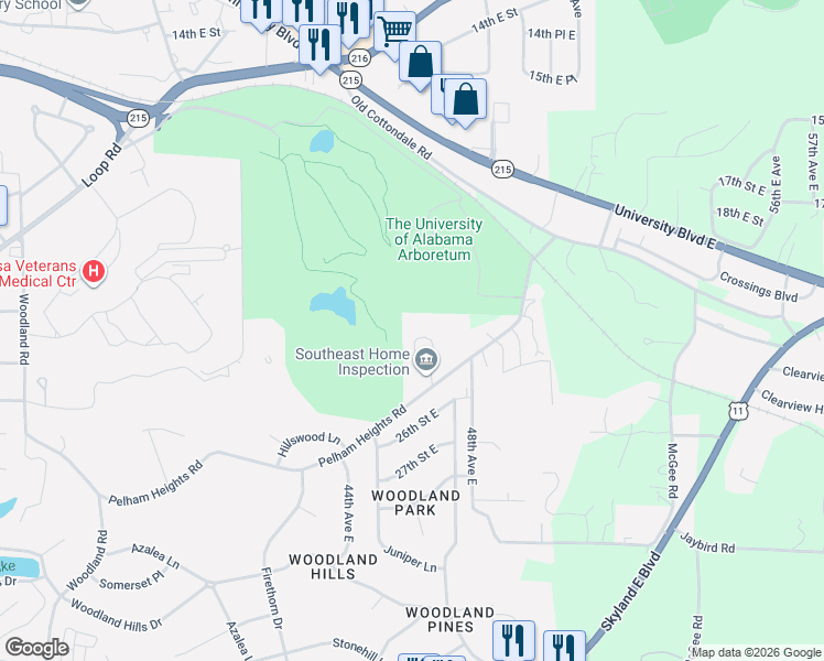 map of restaurants, bars, coffee shops, grocery stores, and more near 2380 Legacy Park Drive in Tuscaloosa