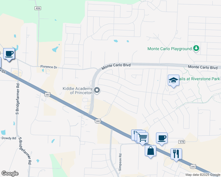 map of restaurants, bars, coffee shops, grocery stores, and more near 1807 Meadow Crest Drive in Princeton