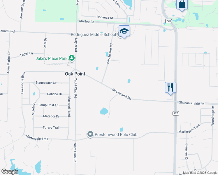 map of restaurants, bars, coffee shops, grocery stores, and more near McCormick Road in Oak Point