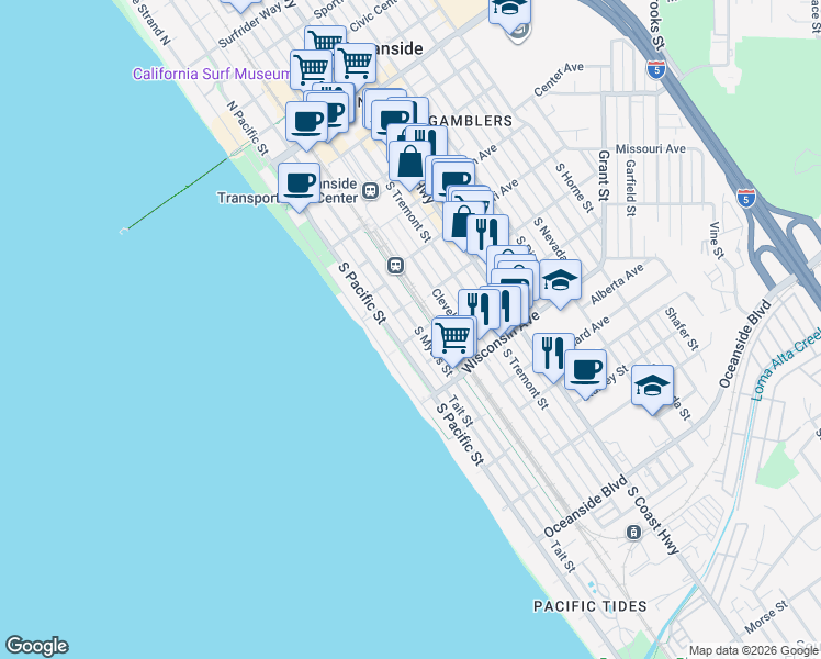 map of restaurants, bars, coffee shops, grocery stores, and more near 523 South Myers Street in Oceanside
