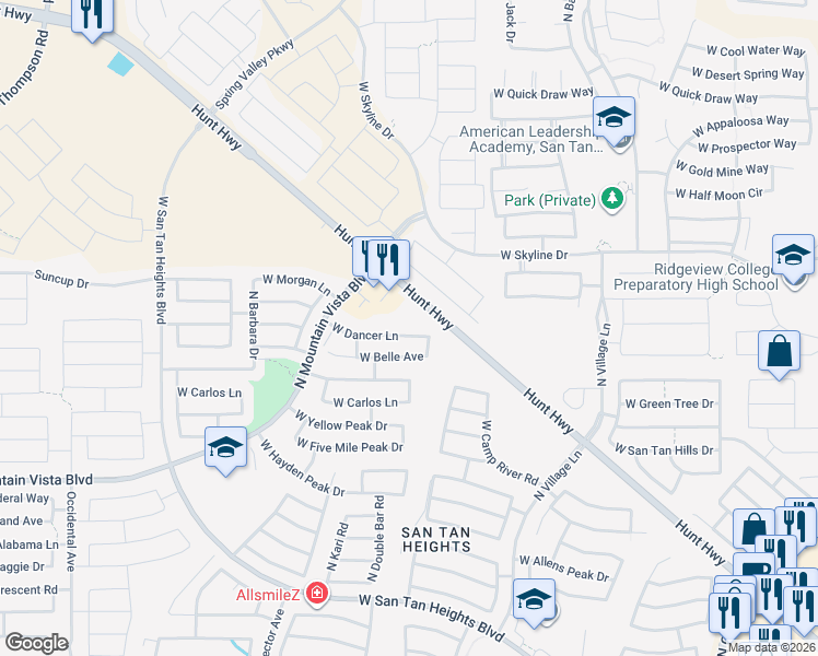 map of restaurants, bars, coffee shops, grocery stores, and more near 2973 West Hunt Highway in San Tan Valley