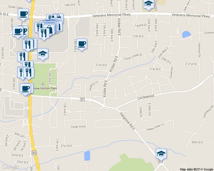 map of restaurants, bars, coffee shops, grocery stores, and more near 1701 Ridgemont Drive in Tuscaloosa