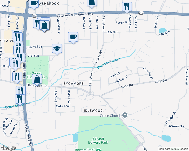 map of restaurants, bars, coffee shops, grocery stores, and more near 1701 Ridgemont Dr in Tuscaloosa