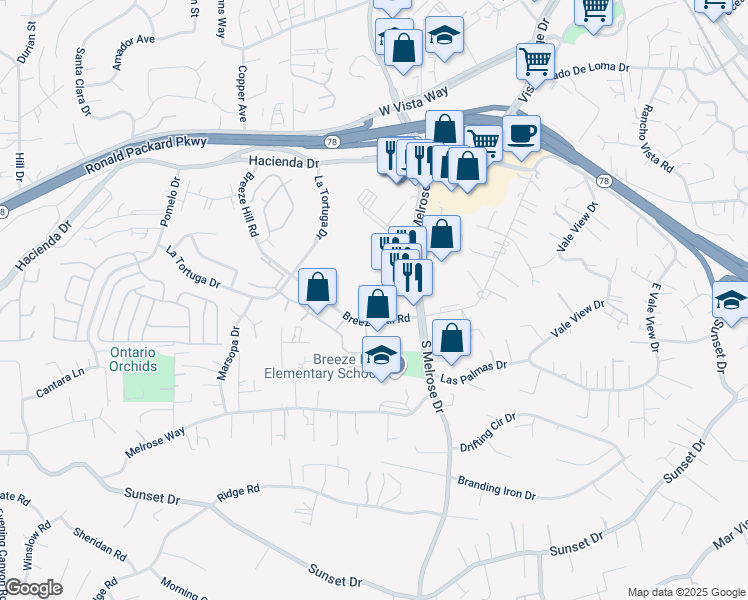 map of restaurants, bars, coffee shops, grocery stores, and more near 739 Breeze Hill Road in Vista