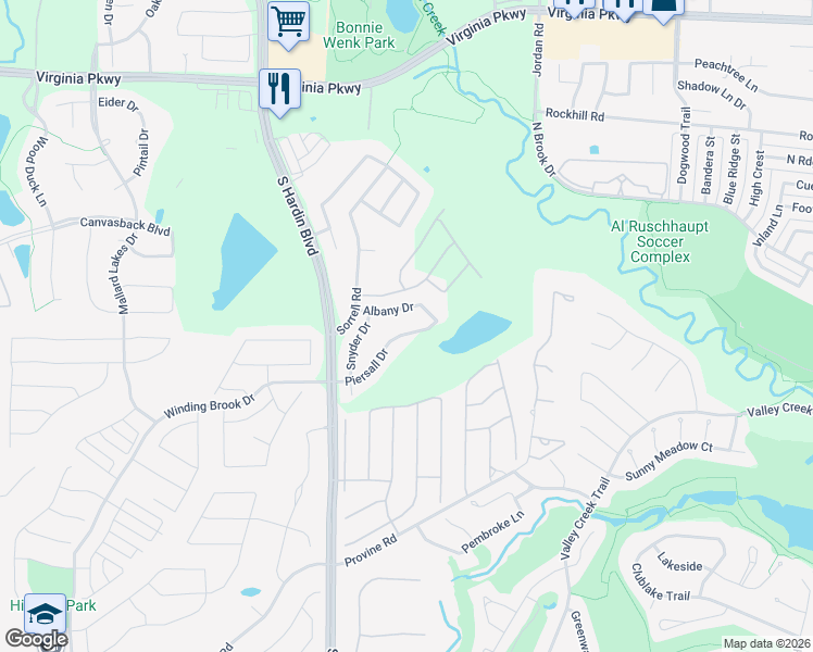 map of restaurants, bars, coffee shops, grocery stores, and more near 2705 Albany Drive in McKinney