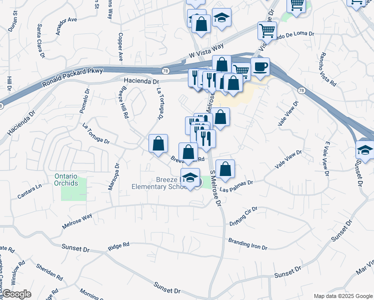 map of restaurants, bars, coffee shops, grocery stores, and more near 435 South Melrose Drive in Vista