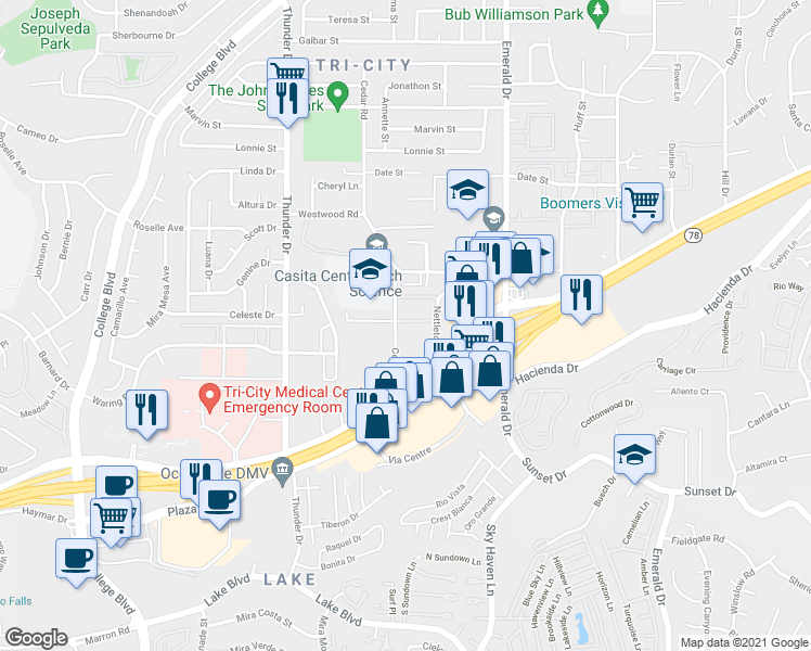 map of restaurants, bars, coffee shops, grocery stores, and more near 243 Cedar Road in Vista