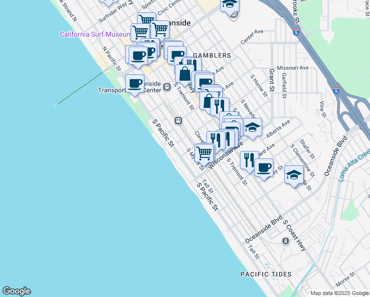 map of restaurants, bars, coffee shops, grocery stores, and more near 519 South Myers Street in Oceanside