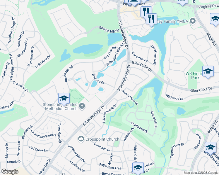 map of restaurants, bars, coffee shops, grocery stores, and more near 1501 Windsor Drive in McKinney