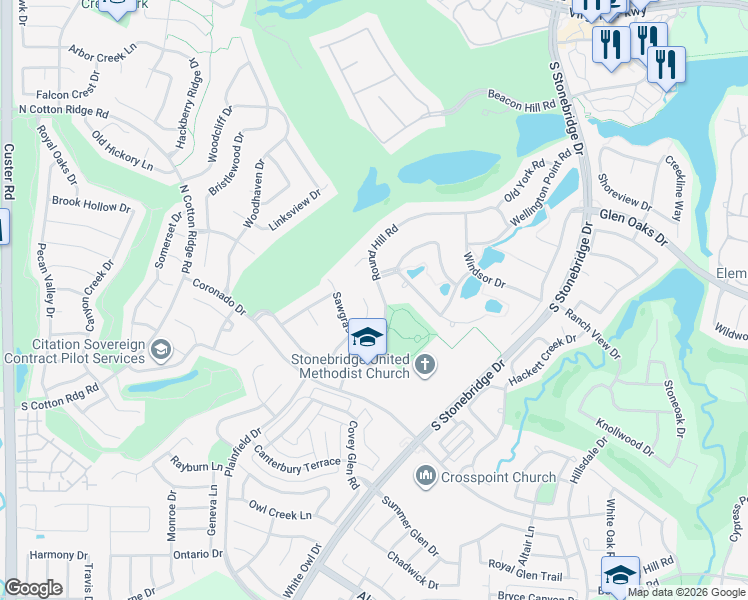 map of restaurants, bars, coffee shops, grocery stores, and more near 7603 Round Hill Road in McKinney
