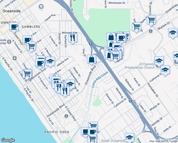 map of restaurants, bars, coffee shops, grocery stores, and more near 1110 Hibiscus Way in Oceanside