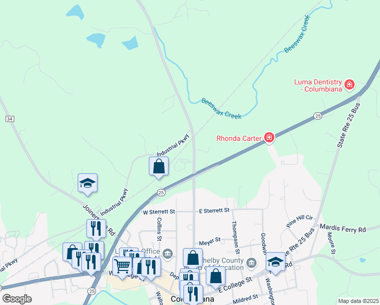 map of restaurants, bars, coffee shops, grocery stores, and more near 117 Chelsea Road in Columbiana