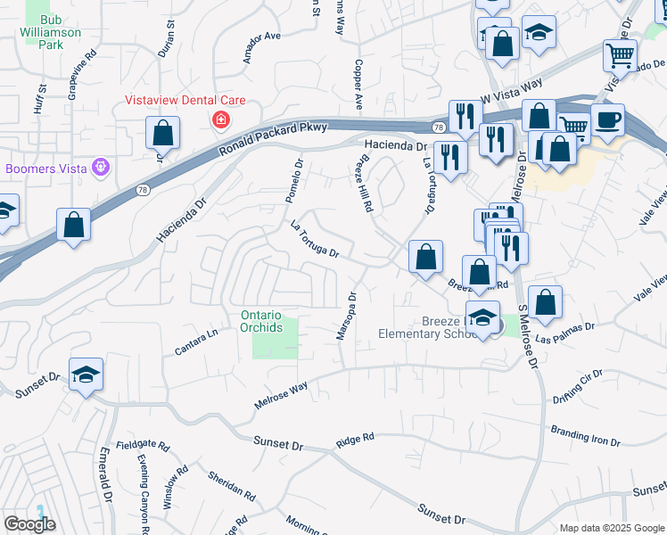 map of restaurants, bars, coffee shops, grocery stores, and more near 625 Via Bogota in Vista
