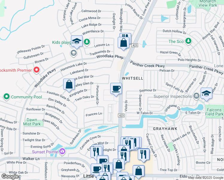 map of restaurants, bars, coffee shops, grocery stores, and more near 3000 High Landing Drive in Little Elm
