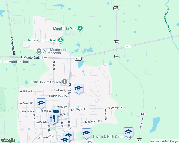 map of restaurants, bars, coffee shops, grocery stores, and more near 839 Farm to Market Road 1377 in Princeton
