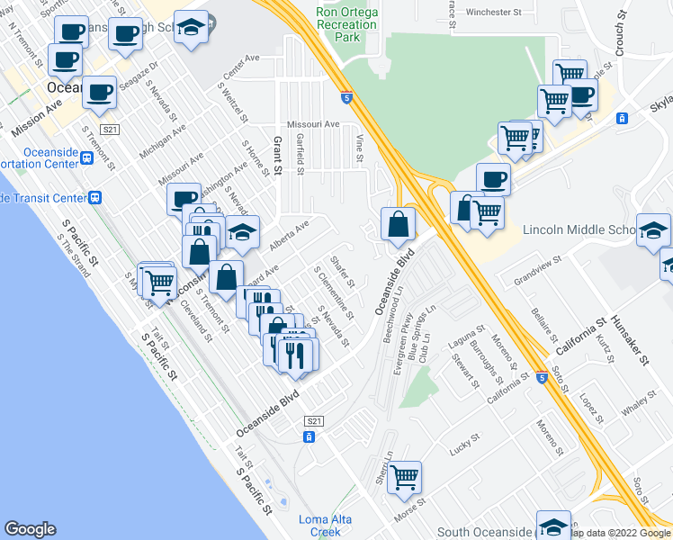 map of restaurants, bars, coffee shops, grocery stores, and more near 1019 Shafer Street in Oceanside