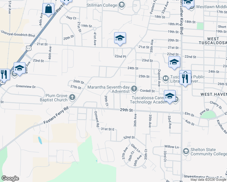 map of restaurants, bars, coffee shops, grocery stores, and more near 3825 26th St in Tuscaloosa