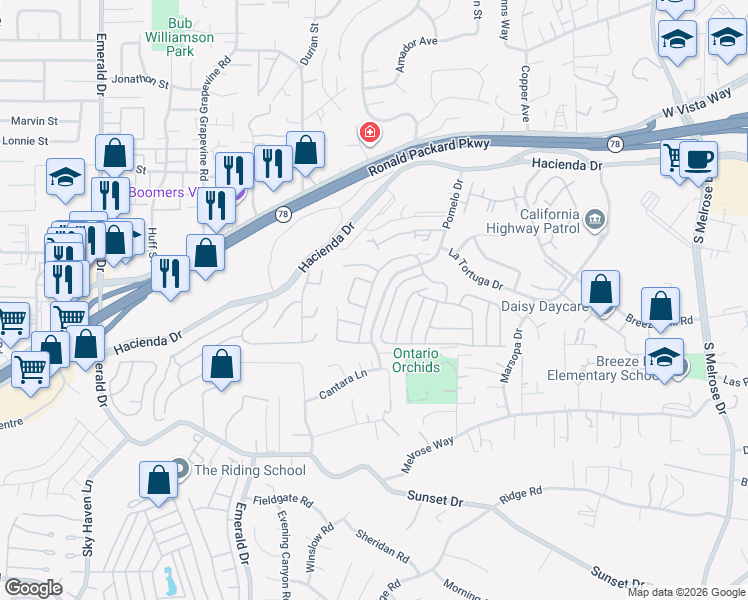 map of restaurants, bars, coffee shops, grocery stores, and more near 1242 Capistrano Lane in Vista
