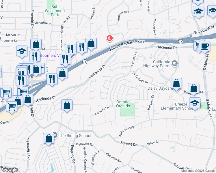 map of restaurants, bars, coffee shops, grocery stores, and more near 1242 Capistrano Lane in Vista