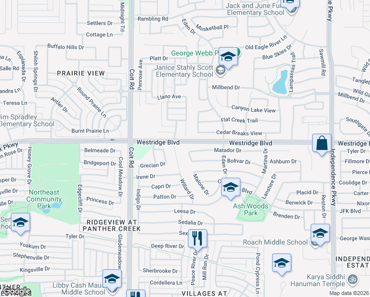 map of restaurants, bars, coffee shops, grocery stores, and more near 10651 Westridge Boulevard in McKinney