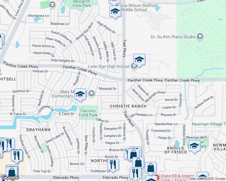 map of restaurants, bars, coffee shops, grocery stores, and more near 2346 Maserati Drive in Frisco