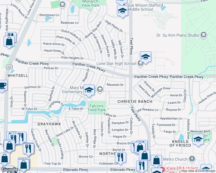 map of restaurants, bars, coffee shops, grocery stores, and more near 2218 Maserati Drive in Frisco