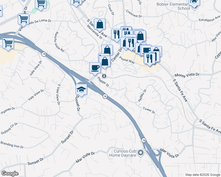 map of restaurants, bars, coffee shops, grocery stores, and more near 910 Phillips Street in Vista
