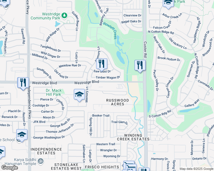 map of restaurants, bars, coffee shops, grocery stores, and more near 9450 Westridge Boulevard in McKinney