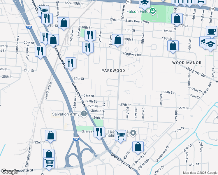 map of restaurants, bars, coffee shops, grocery stores, and more near 10 Parkwood in Tuscaloosa