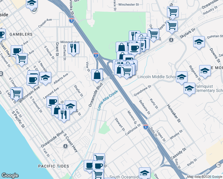map of restaurants, bars, coffee shops, grocery stores, and more near 33 Parkwood Lane in Oceanside
